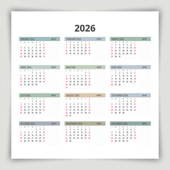 2026 calendar with notes for write. A vector collection of English monthly page twelve months. Week start Sunday