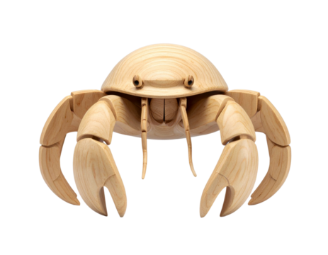Minimalist Geometric Wooden Hermit Crab Sculpture with Smooth Curves, Front View, Isolated on Transparent Background