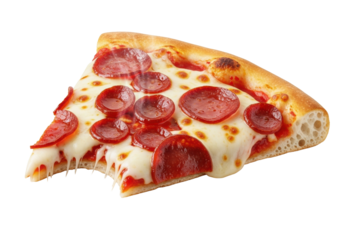 Perfectly baked pepperoni pizza slice with molten mozzarella, crispy pepperoni, golden crust, bite taken, subtle steam, isolated on transparent, commercial food advertising