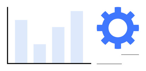 Vertical bar chart next to a blue gear symbolizing data analysis, process automation, and productivity. Ideal for analytics, efficiency, strategy, innovation, business, growth simple flat metaphor