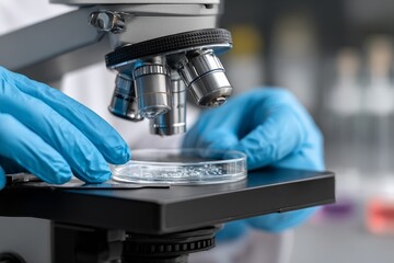 Researcher handling petri dish under microscope in laboratory setting