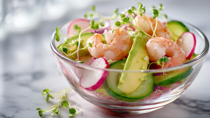 Fresh shrimp and avocado salad with cucumber radishes and microgreens served in a glass bowl on marble countertop