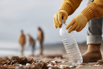 Hands in gloves collecting plastic bottle from beach during ocean cleanup effort