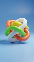 Colorful interlaced knot sculpture glossy rings on blue background.