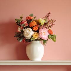 Obraz premium Pastel Flower Bouquet in White Vase on Pink Wall