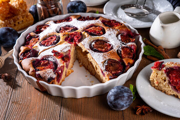 Autumn new york plum pie, tasty cinnamon spices plum torte cake