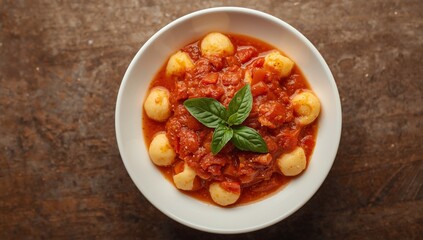 Overhead View of Gnocchi with Tomato Sauce and Basil