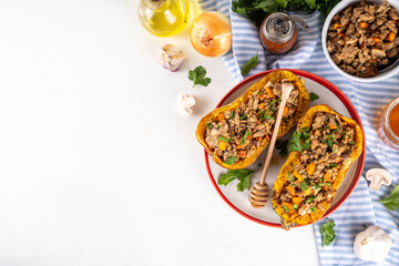 Baked stuffed butternut pumpkin with beef and vegetable