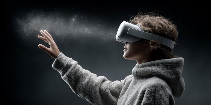 Young caucasian female exploring virtual reality technology with vr headset - Powered by Adobe