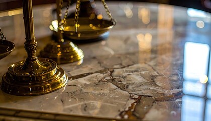 Brass Scales of Justice on Marble Tabletop