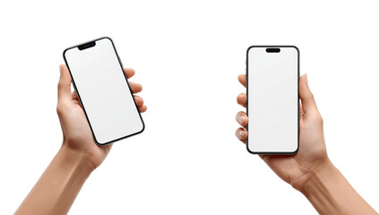 Hands holding modern smartphones with blank screens against a neutral backdrop for product