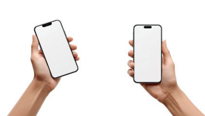 Hands holding modern smartphones with blank screens against a neutral backdrop for product