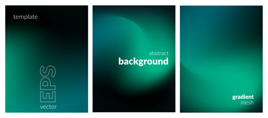 Abstract liquid background set. Gradient mesh. Effect blend dark green color. Blurred fluid colorful mix. Modern design template for web cover, header, ad banner, poster, brochure, flyer. Vector image