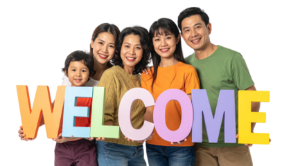 Family Reunion Concept – Colorful Wooden WELCOME Letters Held Up Together – PNG