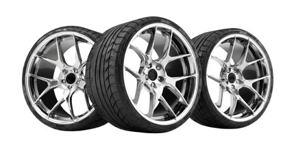 Sleek chrome car wheels and tires, offering a glimpse into automotive innovation and design