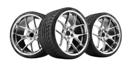 Sleek chrome car wheels and tires, offering a glimpse into automotive innovation and design