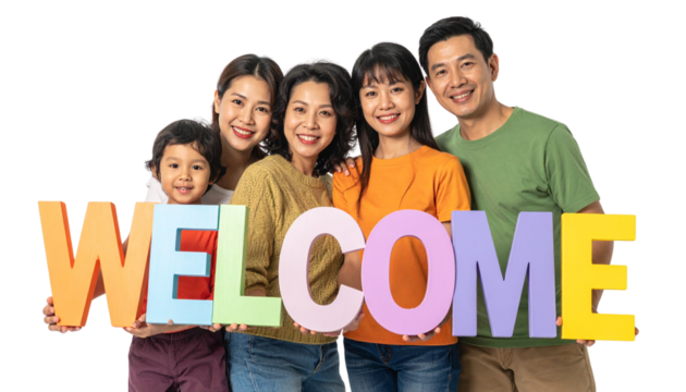  Family Reunion Concept – Colorful Wooden WELCOME Letters Held Up Together – PNG