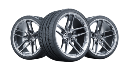 Sleek Chrome Alloy Wheels with Low Profile Tires Isolated on Transparent Layering Style