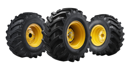 Robust agricultural tires gleaming bright yellow wheels isolated transparent background for