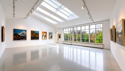 Bright Art Gallery Interior with Skylights and Artwork