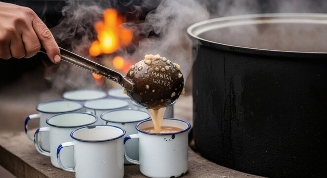 Serving Traditional Manish Water Soup from a Pot at a Gathering