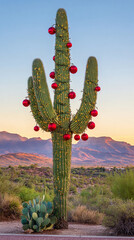 Cactus adorned with red ornaments in a desert landscape during sunset showcases the fusion of nature and festive spirit. Western Christmas decor.