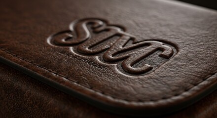Closeup of embossed leather with SMC logo  SALVATORE text stitched seam visible
