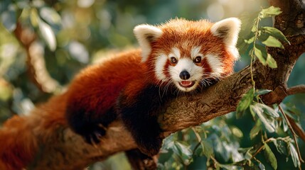 Adorable Red Panda Relaxing in a Tree Surrounded by Greenery