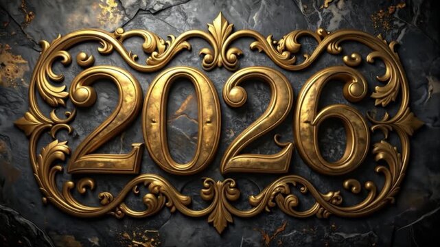 Ornate golden 2026 year design on a dark textured background.