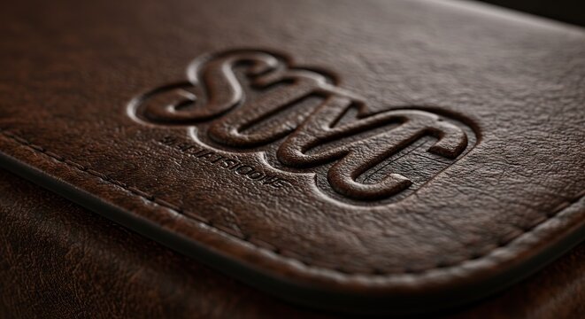 Closeup of embossed leather with SMC logo  SALVATORE text stitched seam visible