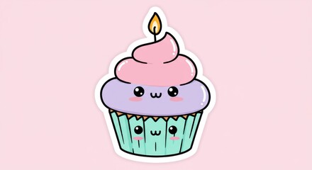 Cute Kawaii Cupcake with Pastel Pink Frosting and Candle on Pink Background