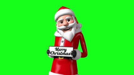 3D cartoon animation of Santa Claus with a long beard holding a sign that says “Merry Christmas”, smiling at the camera and isolated on a bright green chroma key background. Perfect for Christmas mark