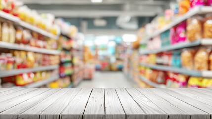 A clean, white wooden tabletop is in the foreground, with a blurred supermarket aisle stretching into the background, filled with colorful products on shelves.