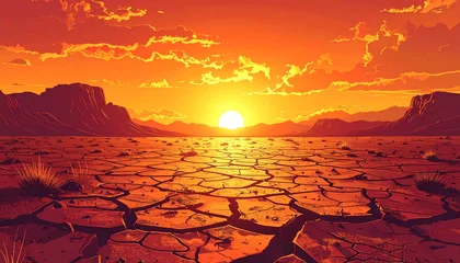 Fototapete Bordeaux Cracked dry desert ground under dramatic orange sunset arid landscape distant mountains glowing sky surreal atmosphere warm colors nature solitude  © Athiphat