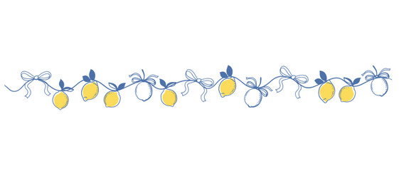 Decorative lemon garland with ribbons and leaves. Outline vector border for Mediterranean, Italian, summer, citrus, holiday, or kitchen design. Isolated illustration