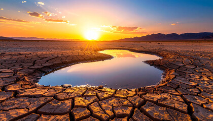 Cracked desert ground with reflective water pool at sunset, dramatic sky, arid landscape, warm colors, serene mood, distant mountains, nature beauty