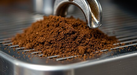 Ground coffee rests on a slotted metal surface near a metal espresso machine component
