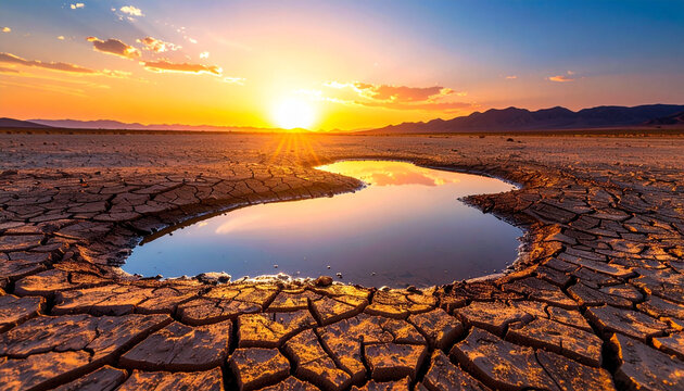 Cracked desert ground with reflective water pool at sunset, dramatic sky, arid landscape, warm colors, serene mood, distant mountains, nature beauty
