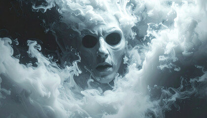 Frightening ghostly visage with hollow eyes emerges from swirling mist, creating cinematic Halloween atmosphere with eerie, supernatural, and mysterious emotion