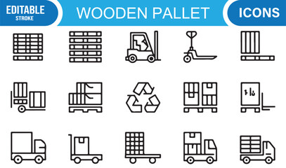 Warehouse pallet line icons with forklift, truck, and recycling symbols for transport and storage logistics