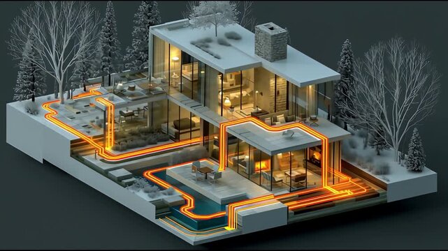 geothermal, Stylized Cross Section of Smart Modern Home Efficient Energy Flow and Cozy Heating