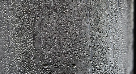 Numerous water droplets cover a gray flat surface Streaks run vertically where moisture has condensed