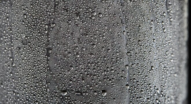 Numerous water droplets cover a gray flat surface Streaks run vertically where moisture has condensed
