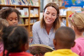 A teacher enthusiastically shares a story with a group of young children in a library. The kids are focused and eager, sitting around her, completely absorbed in the narrative