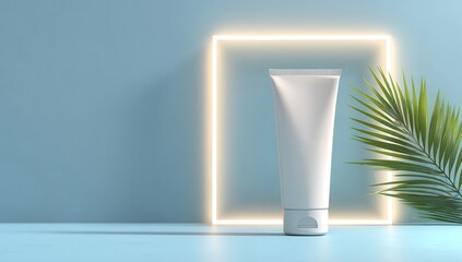 High quality photo of mockup of an empty white cosmetic tube, placed on the right side with a glowing geometric frame behind it, against a soft blue background. the scene is.