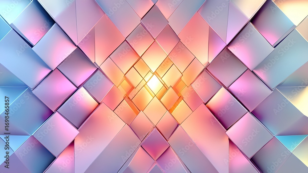 Poster abstract iridescent geometric background with 3d cubes and central light source creating a vibrant