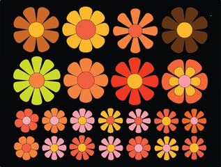collection of retro colorful flower icons with orange red yellow pink green and brown tones arranged in multiple petal styles on black background vector illustration on transparent background png