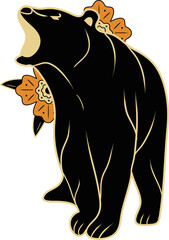 Classic tattoo style black bear roaring adorned with vibrant orange flowers and cream accents bold illustration.