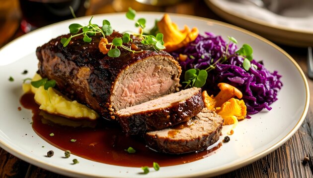 Sliced roast with mashed potatoes and red cabbage