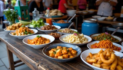 the photo presents an assortment of food items meticulously arranged on individual white plates that are placed on a dining table